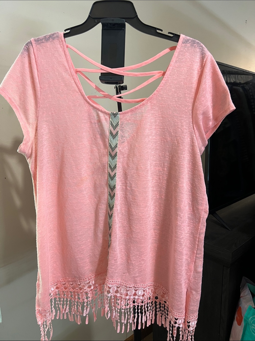 Maurices Light Pink Crochet Fringe Crisscross Back Tunic